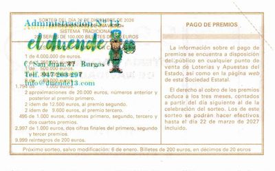 Reverso del d&eacute;cimo 99531 con el sello de la Administraci&oacute;n n&ordm; 13 &laquo;El Duende 13&raquo;, en Burgos
